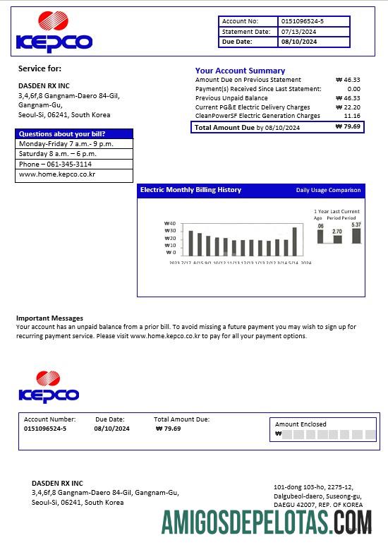 realista Modelo de conta de serviços públicos de eletricidade da South Korea Electric Power Corporation em formatos Word e PDF